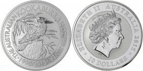 Australien
Elisabeth II., seit 1952
10 Dollars Kookaburra, 10 Unzen Silbermünze 2015. Sonderedition, 25 Jahre Kookaburra Münzen 1990-2015. In Kapsel...