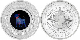 Australien
Elisabeth II., seit 1952
1 Dollar Jahr des Ochsen 2021 (1 Unze Silber Opalserie). Im Etui mit Zertifikat und Umverpackung. Polierte Platt...
