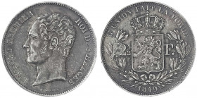 Belgien
Leopold I., 1830-1865
2 1/2 Franc 1849, kleiner Kopf. gutes vorzüglich, schöne Patina. Krause/Mishler 11.