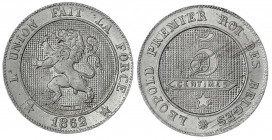 Belgien
Leopold I., 1830-1865
5 Centimes 1862. fast Stempelglanz. Krause/Mishler 21.