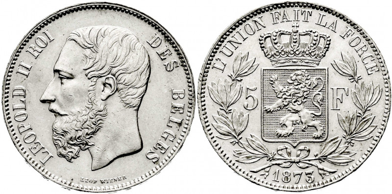 Belgien
Leopold II., 1865-1909
5 Francs 1873, Pos. A. vorzüglich/Stempelglanz,...