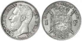 Belgien
Leopold II., 1865-1909
1 Franc 1887. Flämische Legende. Stempelglanz, Prachtexemplar, selten in dieser Erhaltung. Krause/Mishler 29.1.