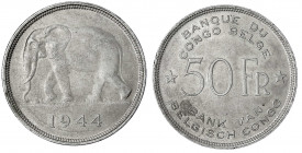 Belgien-Kongo
Leopold III., 1934-1950
50 Francs 1944, Elefant. vorzüglich, kl. Randfehler. Yeoman 27. Schön 19.