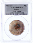 Bolivien
Republik, seit 1825
2 Centavos ESSAI 1883 A, Paris. Im PCGS-Blister mit Grading SP63BN. fast Stempelglanz, selten. Krause/Mishler E4.