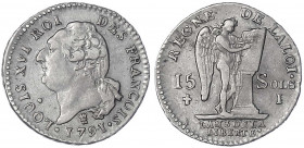 Frankreich
Ludwig XVI., 1774-1793
15 Sols 1791 I, Limoges. gutes sehr schön. Gadoury 36.