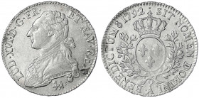 Frankreich
Ludwig XVI., 1774-1793
1/2 Ecu 1792 A, im Stempel über 1791 geschnitten, Paris. gutes vorzüglich, justiert, selten in dieser Erhaltung. G...