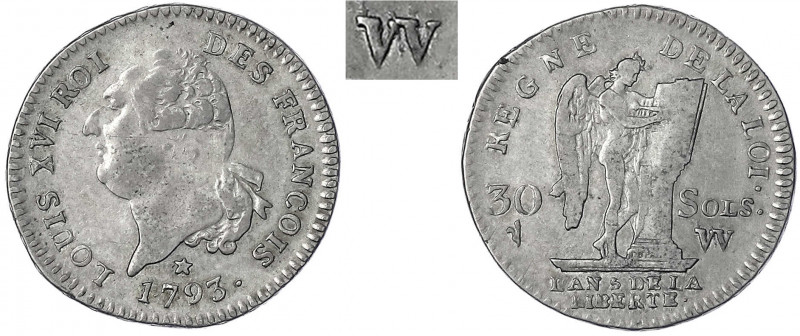 Frankreich
Ludwig XVI., 1774-1793
30 Sols 1793 W (VV) über W. Lille. Das urspr...