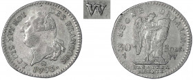 Frankreich
Ludwig XVI., 1774-1793
30 Sols 1793 W (VV) über W. Lille. Das ursprüngliche W wurde im Stempel durch 2 VV überschnitten. gutes sehr schön...