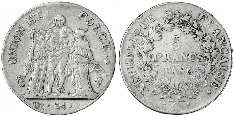 Frankreich
Erste Republik, 1793-1804
5 Francs AN 6 Q (1797), Perpignan. sehr s...