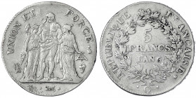 Frankreich
Erste Republik, 1793-1804
5 Francs AN 6 Q (1797), Perpignan. sehr schön, kl. Randfehler. Gadoury 563.