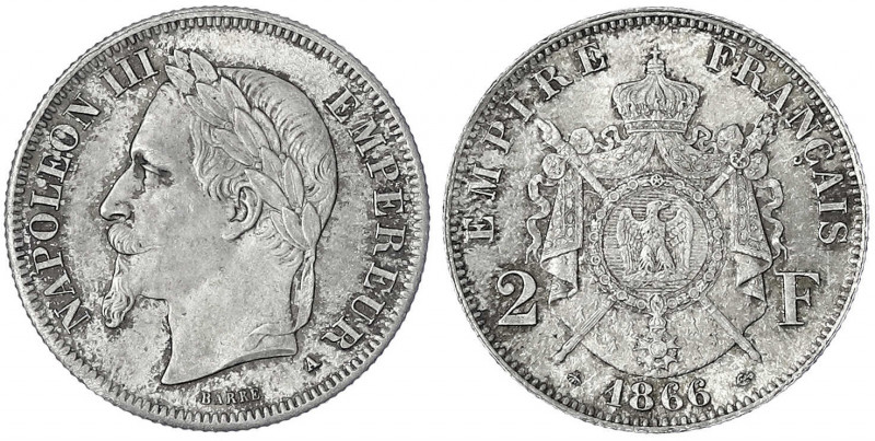 Frankreich
Napoleon III., 1852-1870
2 Francs 1866 A, Paris. fast Stempelglanz,...