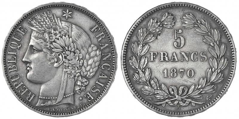 Frankreich
Dritte Republik, 1870-1940
5 Francs 1870 A. gutes vorzüglich mit sc...