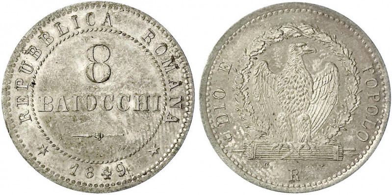 Italien-Römische Republik
8 Baiocchi 1849 R, Rom. fast Stempelglanz, schöne Pat...