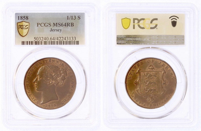 Jersey
Britisch
1/13 Shilling 1858. Im PCGS-Blister mit Grading MS 64 RB (TOP ...