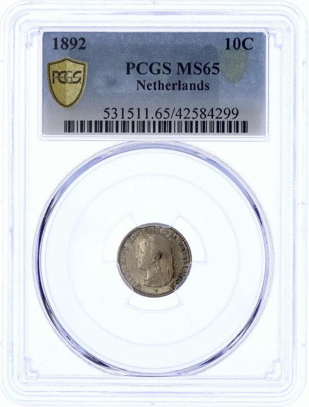 Niederlande
Wilhelmina, 1890-1948
10 Cents 1892. Im PCGS-Blister mit Grading M...