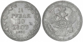 Polen
Nikolaus I. von Rußland, 1825-1855
10 Zloty = 1 1/2 Rubel 1836 MW, Warschau. gutes sehr schön, kl. Kratzer. Bitkin 1132.