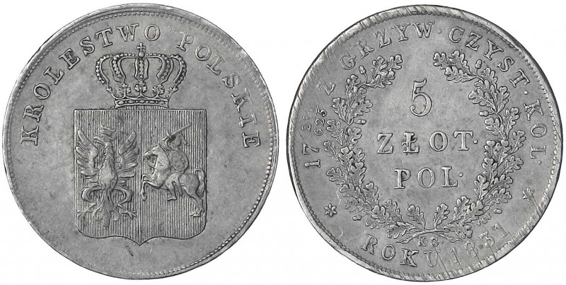 Polen
Revolution, 1830-1831
5 Zlotych 1831 KG, Warschau. Münzmeister Karol Gro...