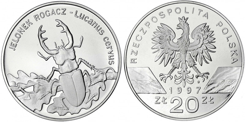 Polen
Republik Polen, seit 1989
20 Zlotych 1997 Hirschkäfer. Polierte Platte. ...