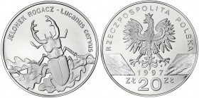 Polen
Republik Polen, seit 1989
20 Zlotych 1997 Hirschkäfer. Polierte Platte. Krause/Mishler 330.