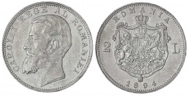 Rumänien
Carl I., 1866-1914
2 Lei 1894. sehr schön. Krause/Mishler 25.