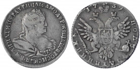 Russland
Anna Ivanovna, 1730-1740
Polupoltinnik 1739, Moskau. sehr schön, Stempelfehler und winz. Kratzer, selten. Bitkin 220 (R1).