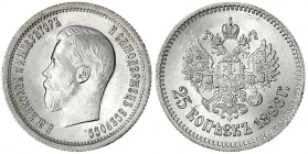 Russland
Nikolaus II., 1894-1917
25 Kopeken 1896, St. Petersburg. fast Stempelglanz, Prachtexemplar, sehr selten in dieser Erhaltung. Bitkin 202. Pa...