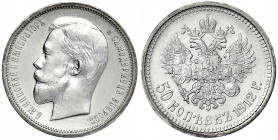 Russland
Nikolaus II., 1894-1917
50 Kopeken (1/2 Rubel/Poltina) 1912. Mzz. 3b. vorzüglich/Stempelglanz. Bitkin 91.