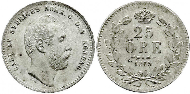 Schweden
Carl XV., 1859-1872
25 Öre 1865. vorzüglich. Krause/Mishler 497.