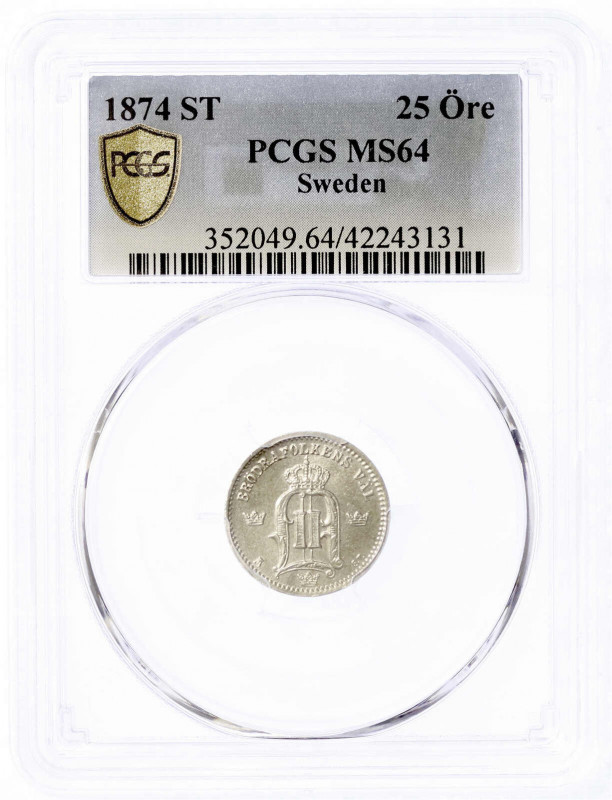 Schweden
Oskar II., 1872-1907
25 Öre 1874 ST, Stockholm. Im PCGS-Blister mit G...