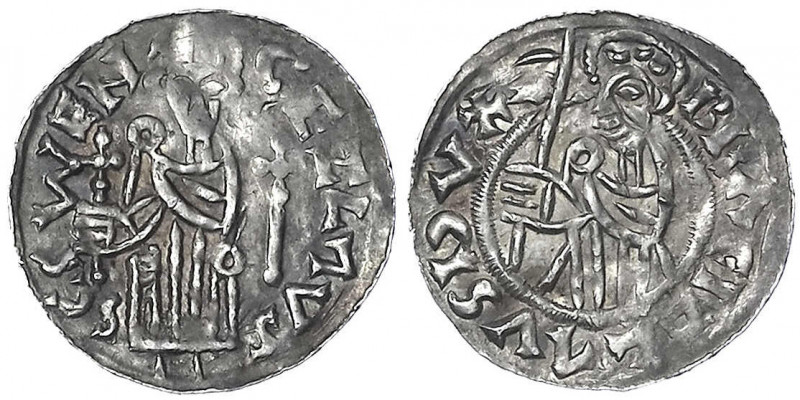 Böhmen
Bretislaus I., 1034-1055
Denar o.J. Herzog steht l. mit Fahne/thronende...