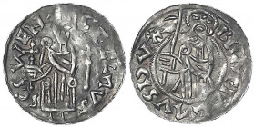 Böhmen
Bretislaus I., 1034-1055
Denar o.J. Herzog steht l. mit Fahne/thronender hl. Wenzel. sehr schön, gewellt, schöne Patina. Cach 317.