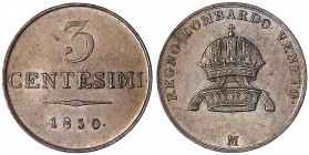 Lombardei und Venetien
Impero Austriaco
3 Centesimi 1850 M. vorzüglich/Stempelglanz. J. 221.