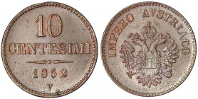 Lombardei und Venetien
Impero Austriaco
10 Centesimi 1852 V. fast Stempelglanz, kl. Randfehler, leichte Lichtenrader Prägung. J. 304.