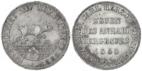 Anhalt-Bernburg
Alexander Carl, 1834-1863
Ausbeutetaler 1855 A. fast vorzüglich, kl. Randfehler. Jaeger 66. Thun 3. AKS 16. Davenport. 504.