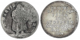 Augsburg-Stadt
Silbermedaille 1830 von Neuss, a.d. 300 Jf. der Reformation in Augsburg. Luther steht v.v./8 Zeilen Schrift. 22 mm; 3,30 g. vorzüglich...