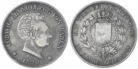 Baden-Durlach
Ludwig, 1818-1830
Taler zu 100 Kreuzern 1829. fast sehr schön, schöne Patina. Jaeger 41. Thun 18. AKS 53.