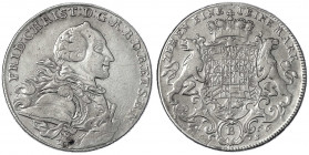 Brandenburg-Bayreuth
Friedrich Christian, 1763-1769
Konventionstaler 1766 ES. Ordensstern mit Krone. fast sehr schön, Henkelspur. Davenport. 2042.