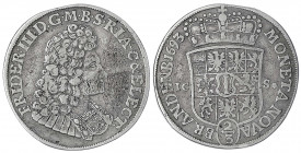 Brandenburg-Preußen
Friedrich III., 1688-1701
2/3 Taler 1693 ICS, Magdeburg. fast sehr schön. v. Schrötter 174. Davenport. 273.