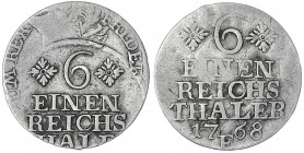 Brandenburg-Preußen
Friedrich II., 1740-1786
1/6 Taler 1768 E, Königsberg. Beidseits Prägung der Rückseite, 1 X zu 80 % auf Vorderseite. sehr schön,...