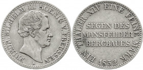 Brandenburg-Preußen
Friedrich Wilhelm III., 1797-1840
Ausbeutetaler 1832 A. sehr schön. Jaeger 63. Thun 251. AKS 18.