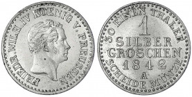 Brandenburg-Preußen
Friedrich Wilhelm IV., 1840-1861
Silbergroschen 1842 A. fast Stempelglanz, Prachtexemplar. Jaeger 66. AKS 85.