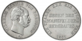 Brandenburg-Preußen
Wilhelm I., 1861-1888
Ausbeutetaler 1861 A. fast Stempelglanz, Prachtexemplar, sehr selten in dieser Erhaltung. Jaeger 93. Thun ...