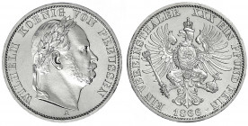 Brandenburg-Preußen
Wilhelm I., 1861-1888
Siegestaler 1866 A, Berlin. fast Stempelglanz, min. Randfehler. Jaeger 98. Thun 271. AKS 117. Kahnt 389.