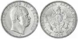 Brandenburg-Preußen
Wilhelm I., 1861-1888
Vereinstaler 1867 A. prägefrisch/fast Stempelglanz, kl. Randfehler. Jaeger 96. AKS 99. Olding 405.