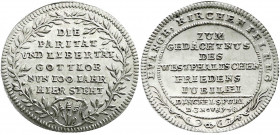 Dinkelsbühl
Silberabschlag von den Stempeln des Dukaten 1748, auf den Westfälischen Frieden. 2,06 g. fast Stempelglanz, Prachtexemplar. Dethlefs/Orde...