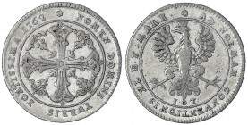Frankfurt-Stadt
1/4 Konventionstaler 1762 I:O:T:. 9,78 g. sehr schön. Joseph/Fellner 821b.