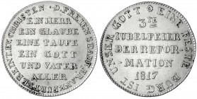 Frankfurt-Stadt
Silberabschlag vom Doppeldukaten 1817 zum 300. Jahrestag der Reformation. 25 mm, 4,72 g. vorzüglich. Joseph/Fellner 1015.