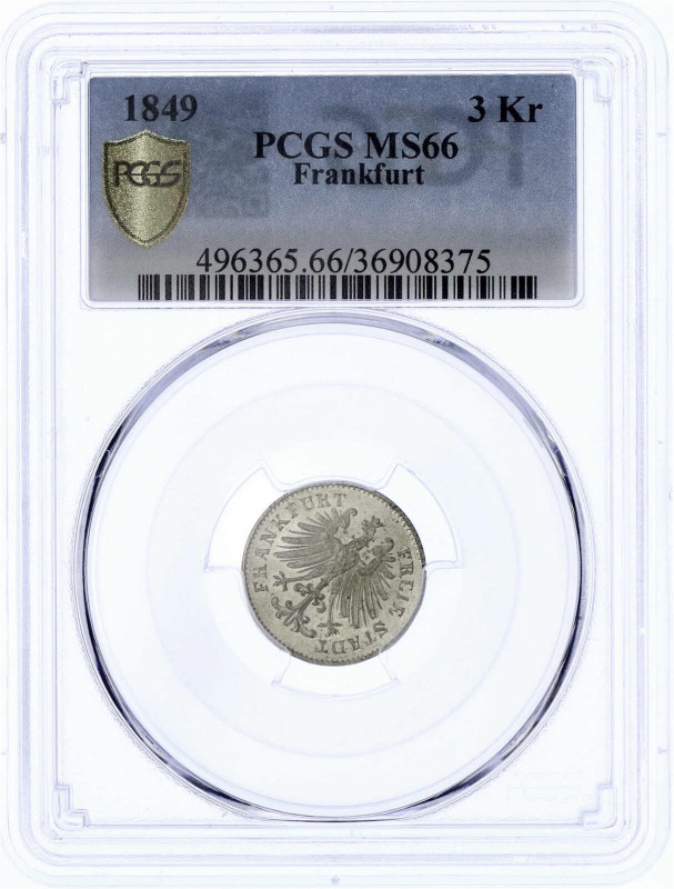 Frankfurt-Stadt
3 Kreuzer 1849 über 1846. PCGS Grading MS66. AKS 23.