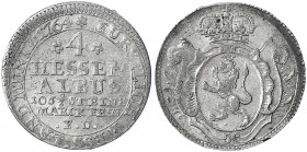Hessen-Kassel
Friedrich II., 1760-1785
4 Hessen Albus (1/8 Taler) 1764, Kassel. vorzüglich, selten in dieser Erhaltung. Schütz 1837.