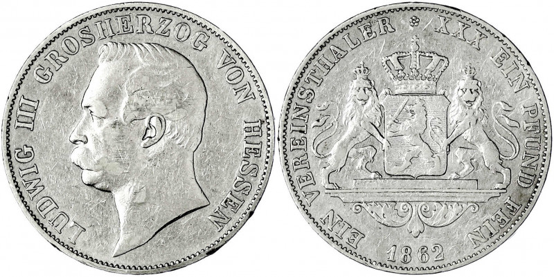 Hessen-Darmstadt
Ludwig III., 1848-1877
Vereinstaler 1862. fast sehr schön, kl...